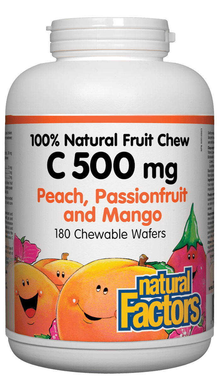 Natural Factors Vitamin C 500mg Natural Fruit Chew Peach, Passionfruit & Mango 180 Chewable Wafers