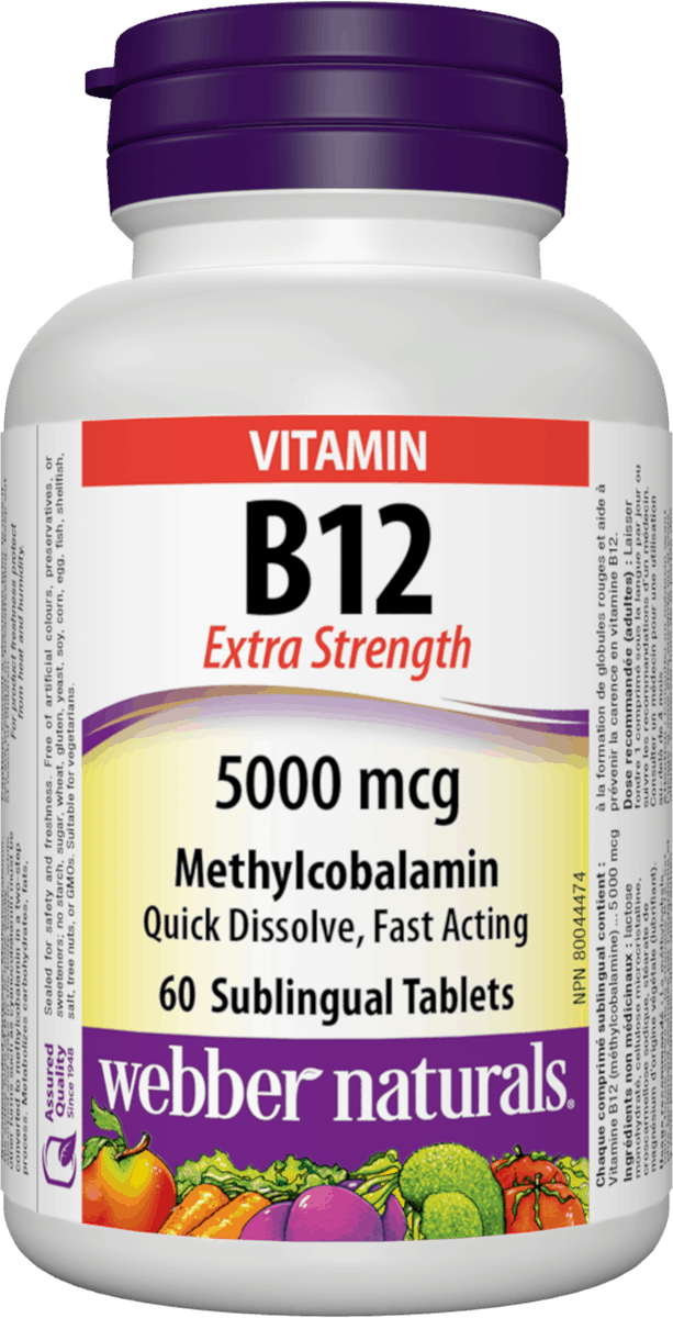 Webber Naturals B12 Extra Strength 5000 mcg, 60 Sublingual Tablets