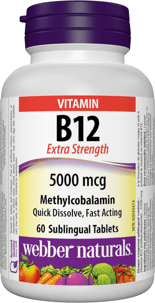 Webber Naturals B12 Extra Strength 5000 mcg, 60 Sublingual Tablets