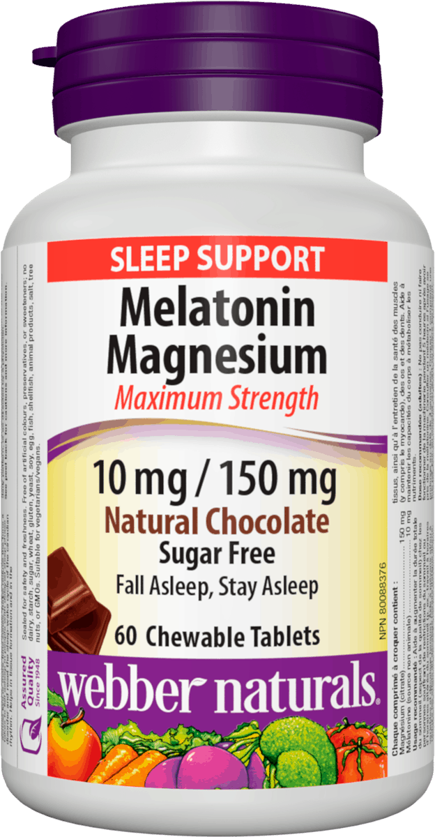 Webber Naturals Melatonin Magnesium 10 mg/ 150 mg 60 chewable tablets Chocolate