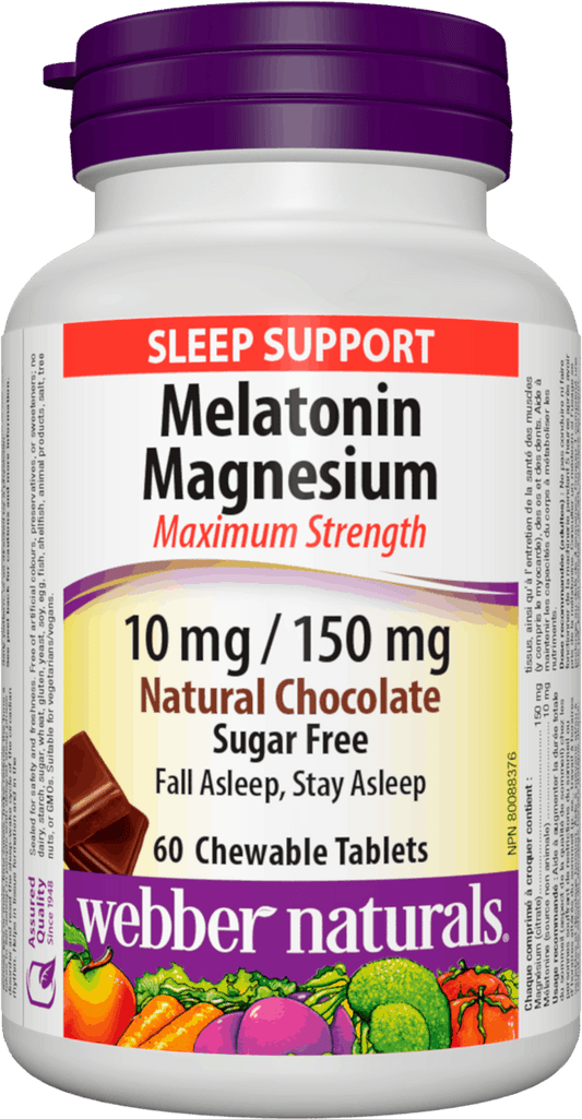 Webber Naturals Melatonin Magnesium 10 mg/ 150 mg 60 chewable tablets Chocolate