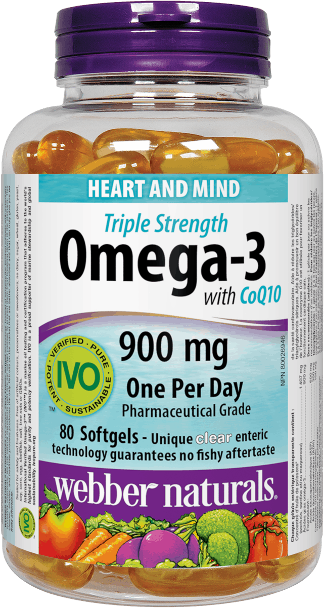 Webber Naturals Triple Strength Omega-3 with CoQ10 enteric coated 900 mg (EPA/DHA)/ 100 mg CoQ10, 80sgs