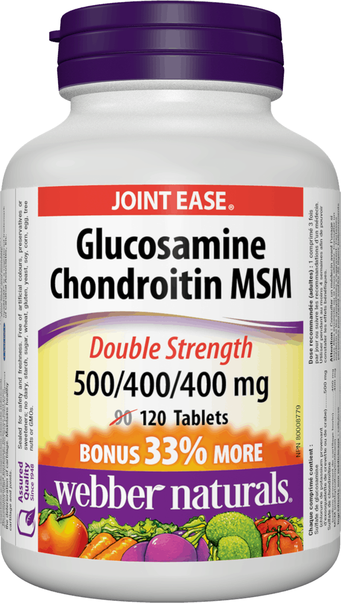 Webber Naturals Glucosamine Chondroitin MSM,500/400/400 mg Double Strength, 120 capsules Bonus Size