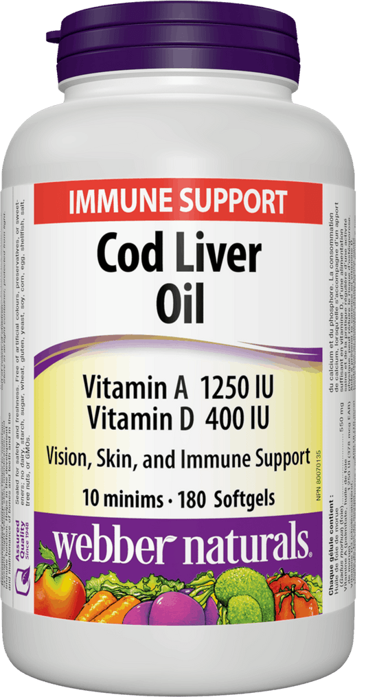 Webber Naturals Cod Liver Oil, 1250IU/100IU, 180 softgels