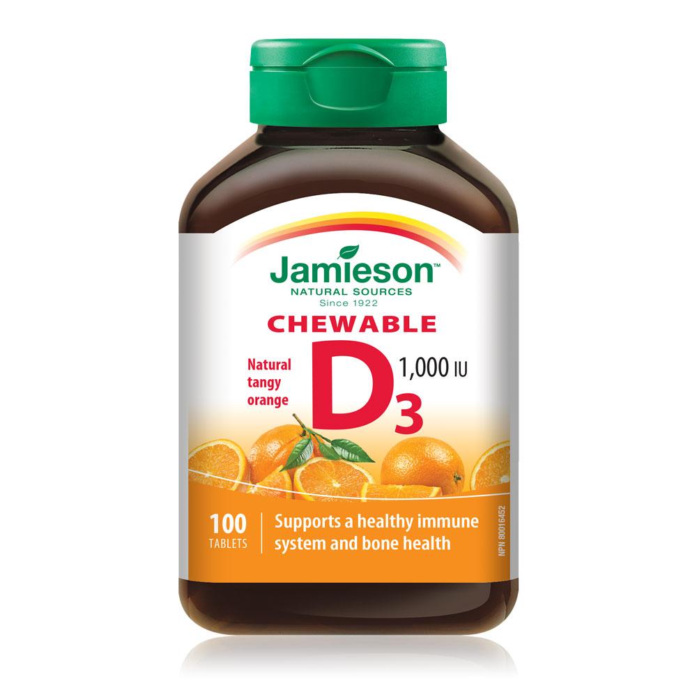 Jamieson Chewable Vitamin D, 1000IU, Tangy Orange flavour, 100 tablets