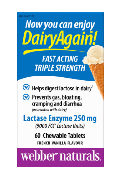 Webber Naturals Dairy Again Lactase Enzyme 250 mg, French Vanilla, 60 chewable tables