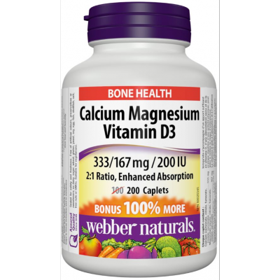 Webber Naturals Calcium Magnesium with D3, 333/167 mg/200 IU, BONUS 200caps