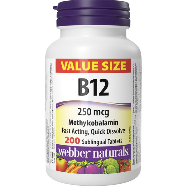 Webber Naturals Vitamin B12 Methylcobalamin 250 mcg, 200 Sublingual Tablets (Value Size)