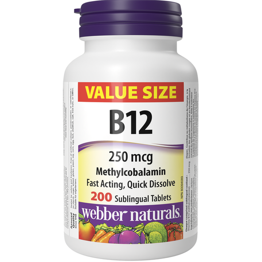 Webber Naturals Vitamin B12 Methylcobalamin 250 mcg, 200 Sublingual Tablets (Value Size)
