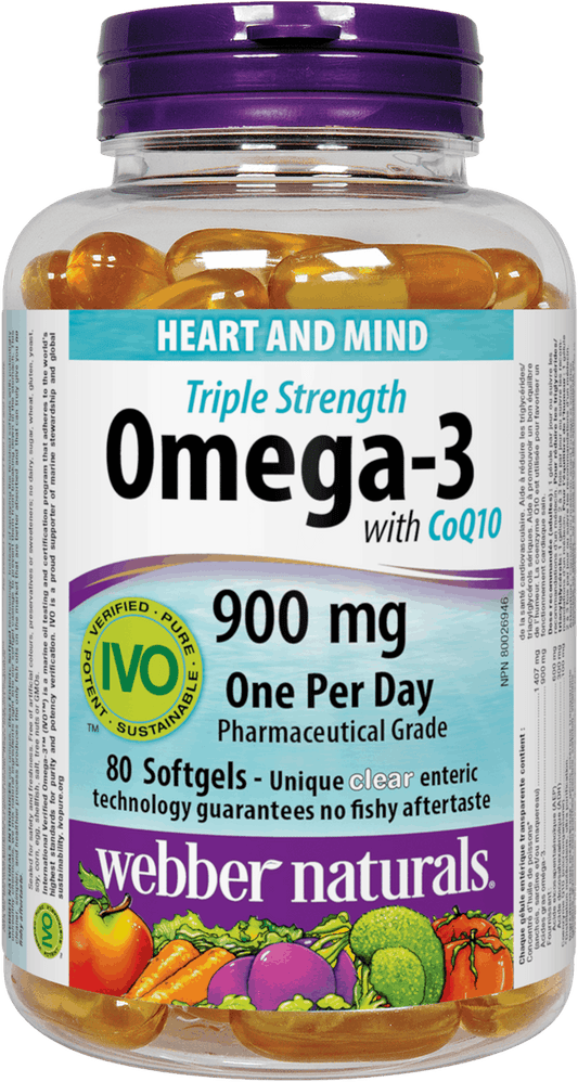 Webber Naturals Triple Strength Omega-3 with CoQ10 enteric coated 900 mg  (EPA/DHA)/ 100 mg CoQ10, 80sgs
