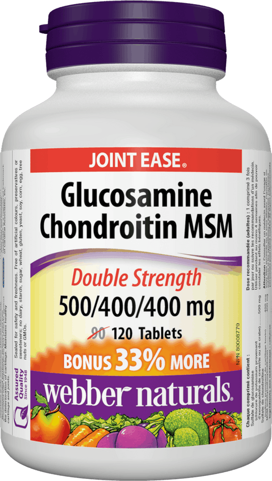 Webber Naturals Glucosamine Chondroitin MSM,500/400/400 mg Double Strength, 120 capsules Bonus Size