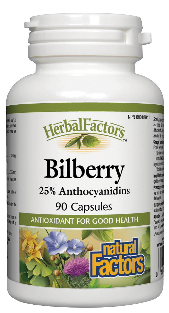 Natural Factors Bilberry Extract, 40mg, 25% Anthocyanidins 90 Capsules